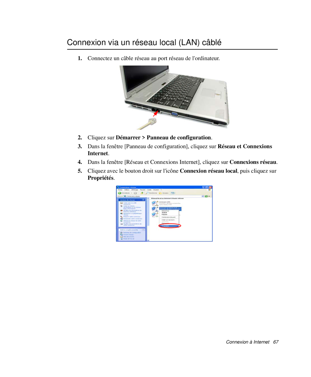 Samsung NP-X20TV08/SEF manual Connexion via un réseau local LAN câblé, Cliquez sur Démarrer Panneau de configuration 