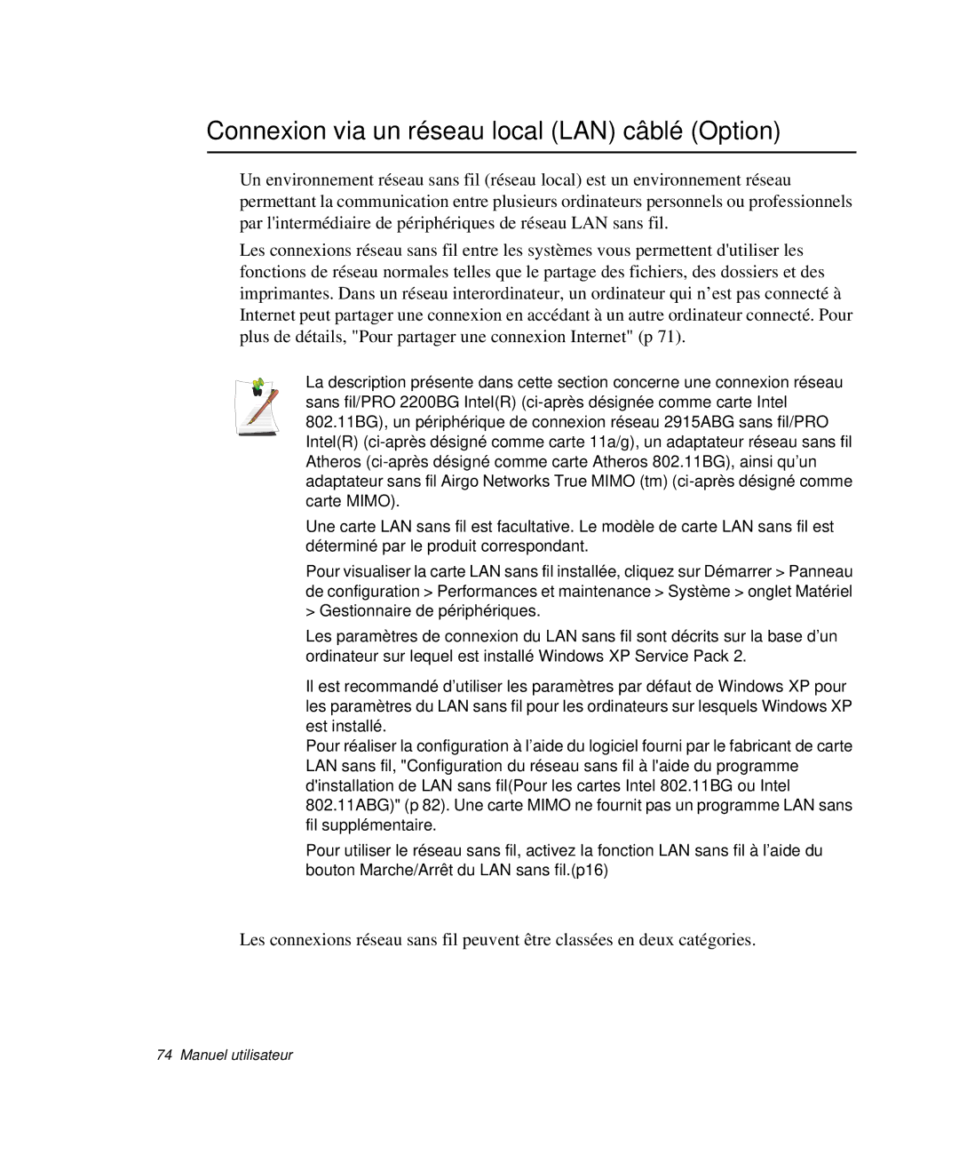 Samsung NP-X50C000/SEF, NP-X20T004/SEF, NP-X50C003/SEF, NP-X20TV02/SEF manual Connexion via un réseau local LAN câblé Option 