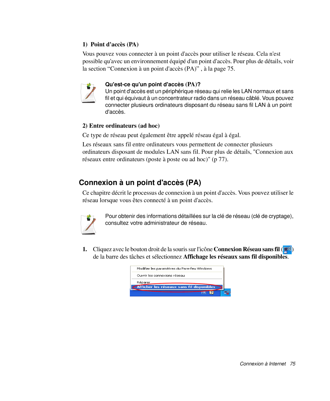 Samsung NP-X20TV07/SEF, NP-X20T004/SEF manual Connexion à un point daccès PA, Point daccès PA, Entre ordinateurs ad hoc 