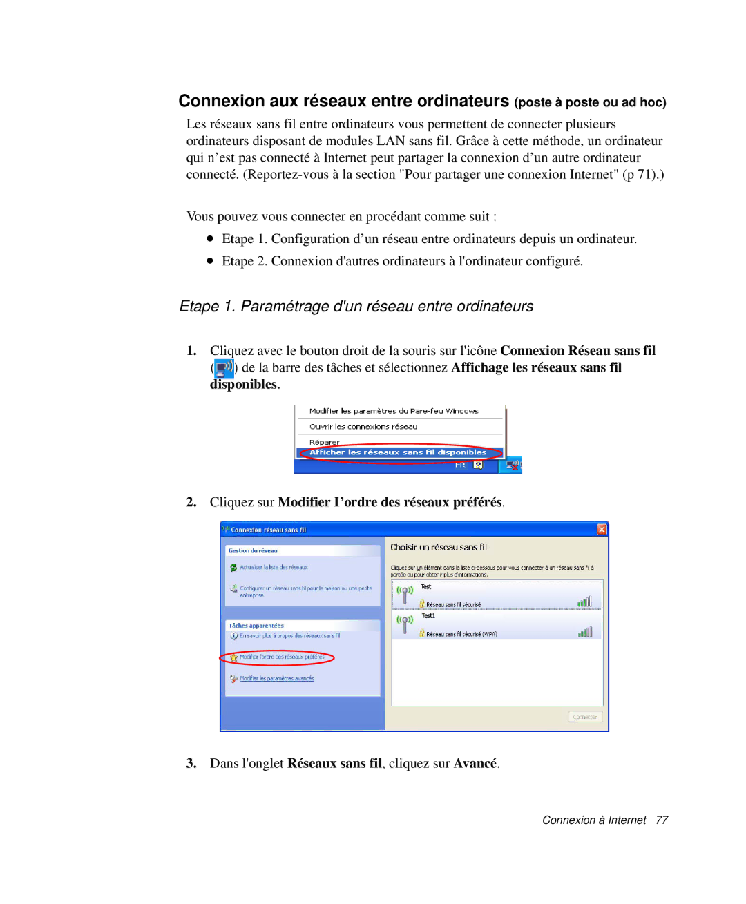 Samsung NP-X50C002/SEF, NP-X20T004/SEF, NP-X50C003/SEF, NP-X20TV02/SEF Etape 1. Paramétrage dun réseau entre ordinateurs 