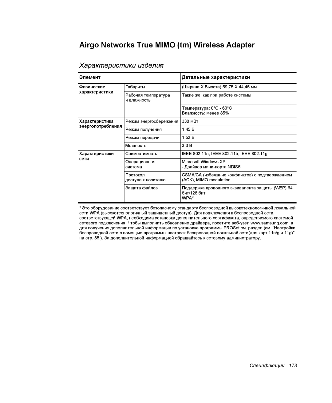 Samsung NP-X50C000/SER, NP-X20TV01/SEB, NP-X20T000/SEB, NP-X20CV03/SER manual Airgo Networks True Mimo tm Wireless Adapter 