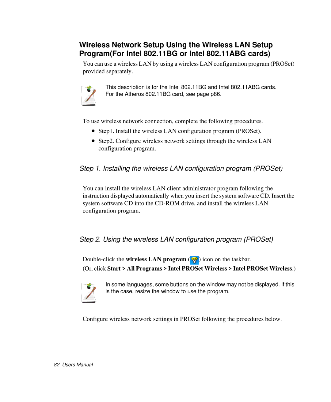 Samsung NP-R50C001/SES, NP-X20TV05/SES, NP-X20CV07/SES manual Installing the wireless LAN configuration program PROSet 