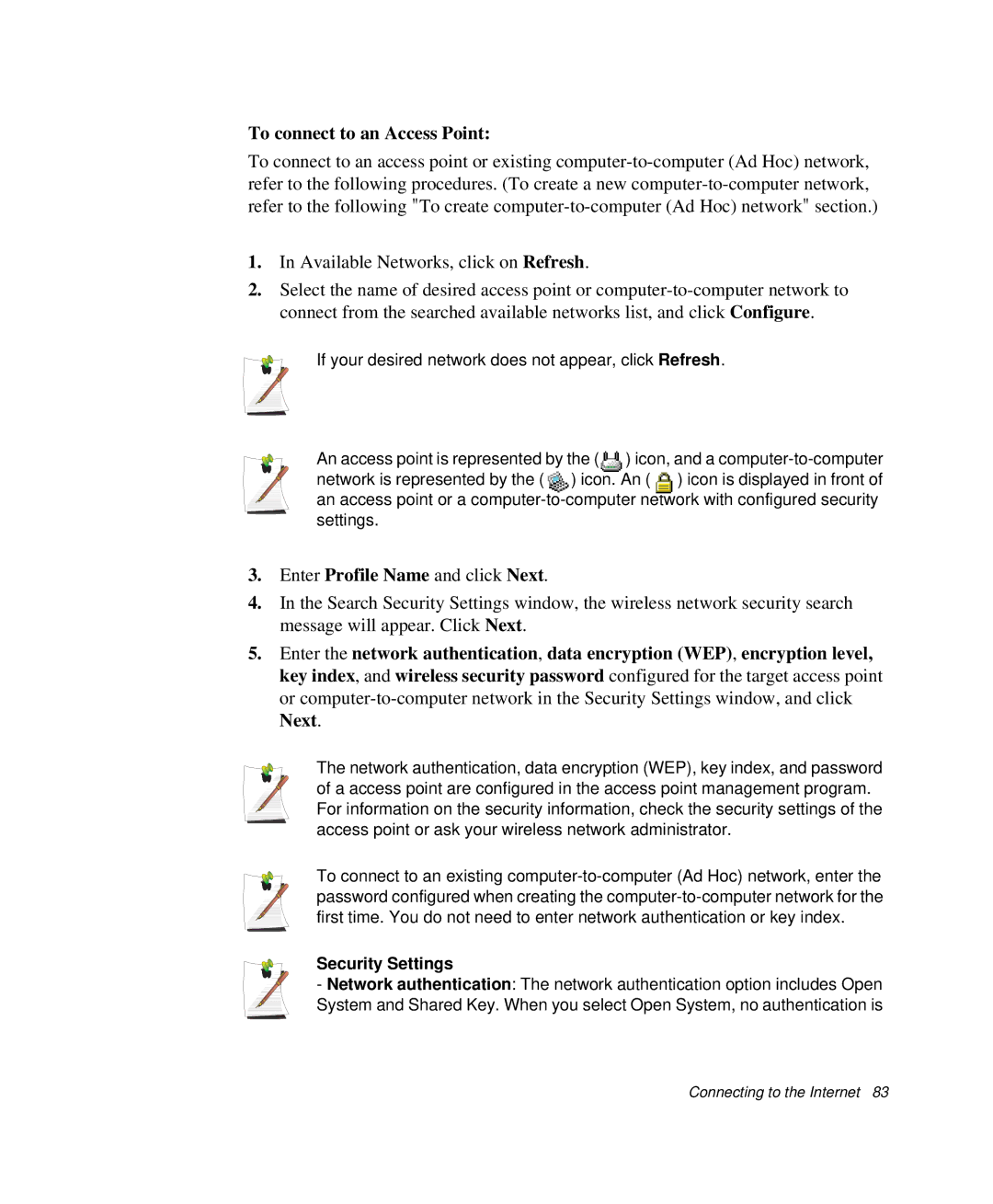 Samsung NP-R50C003/SES, NP-X20TV05/SES, NP-X20CV07/SES, NP-X20CV05/SES manual To connect to an Access Point, Security Settings 