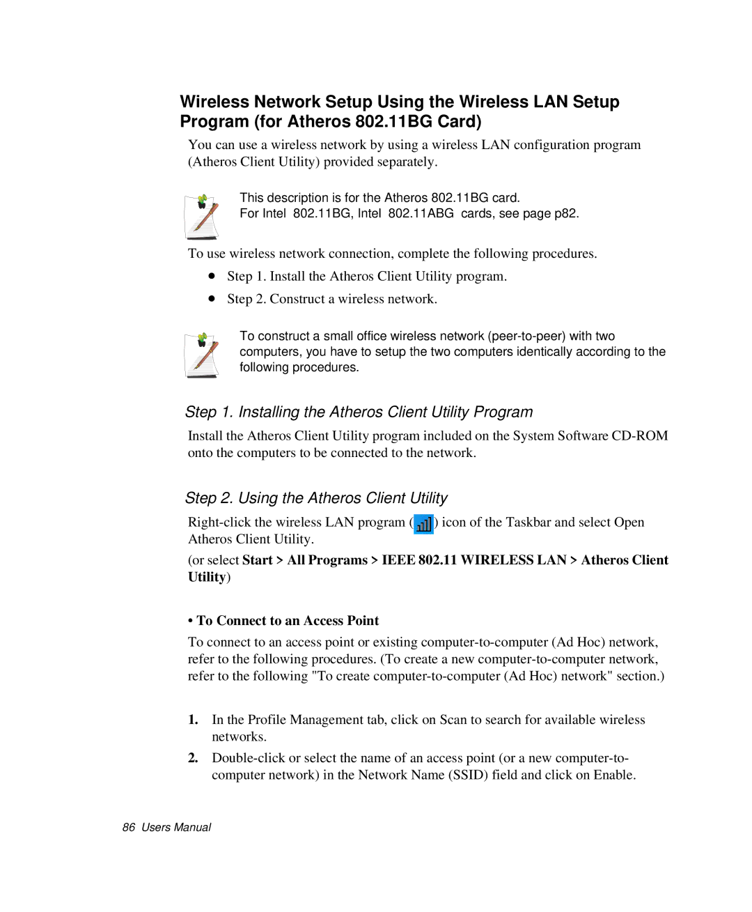 Samsung NP-X20T004/SES, NP-X20TV05/SES Installing the Atheros Client Utility Program, Using the Atheros Client Utility 