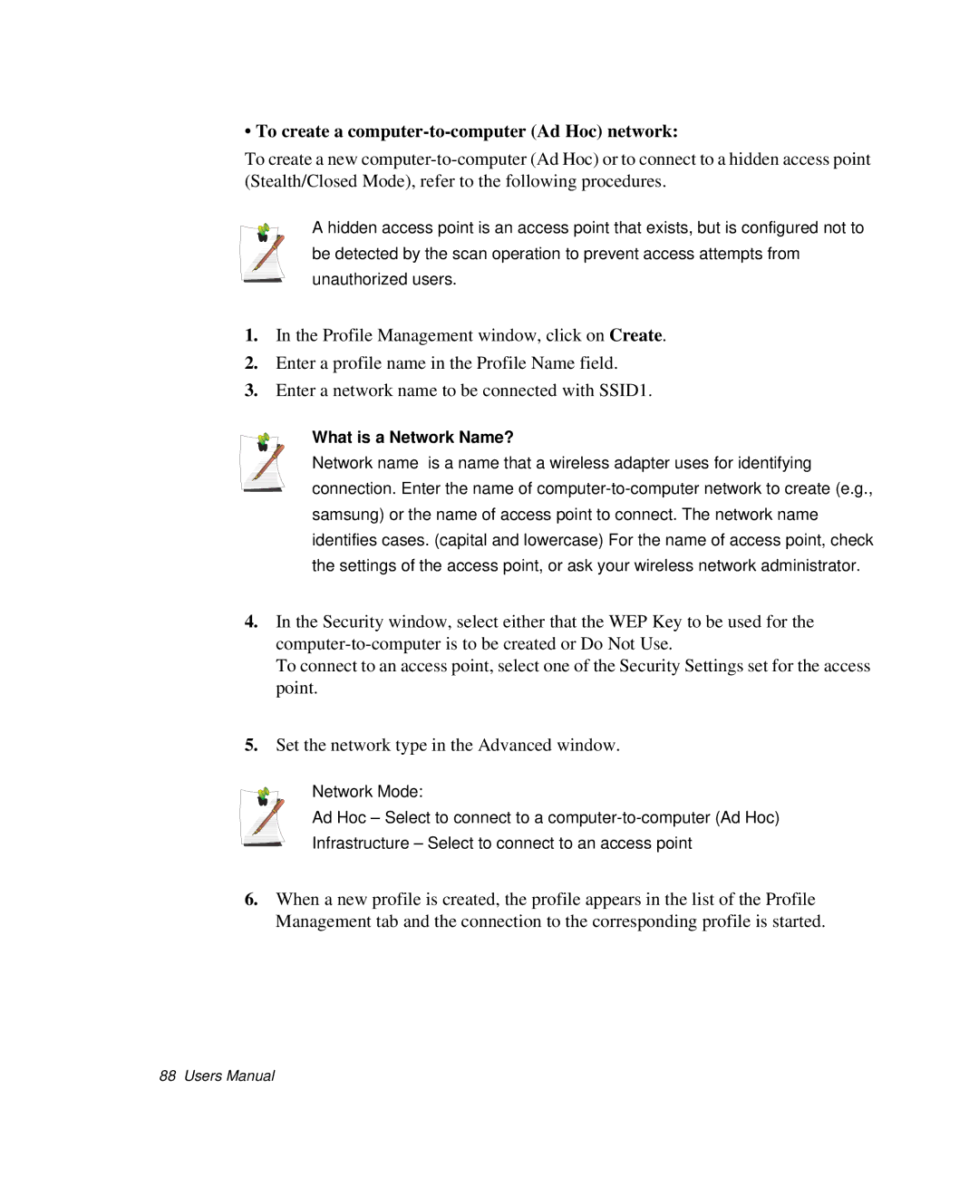 Samsung NP-X25T004/SES, NP-X20TV05/SES manual To create a computer-to-computer Ad Hoc network, What is a Network Name? 