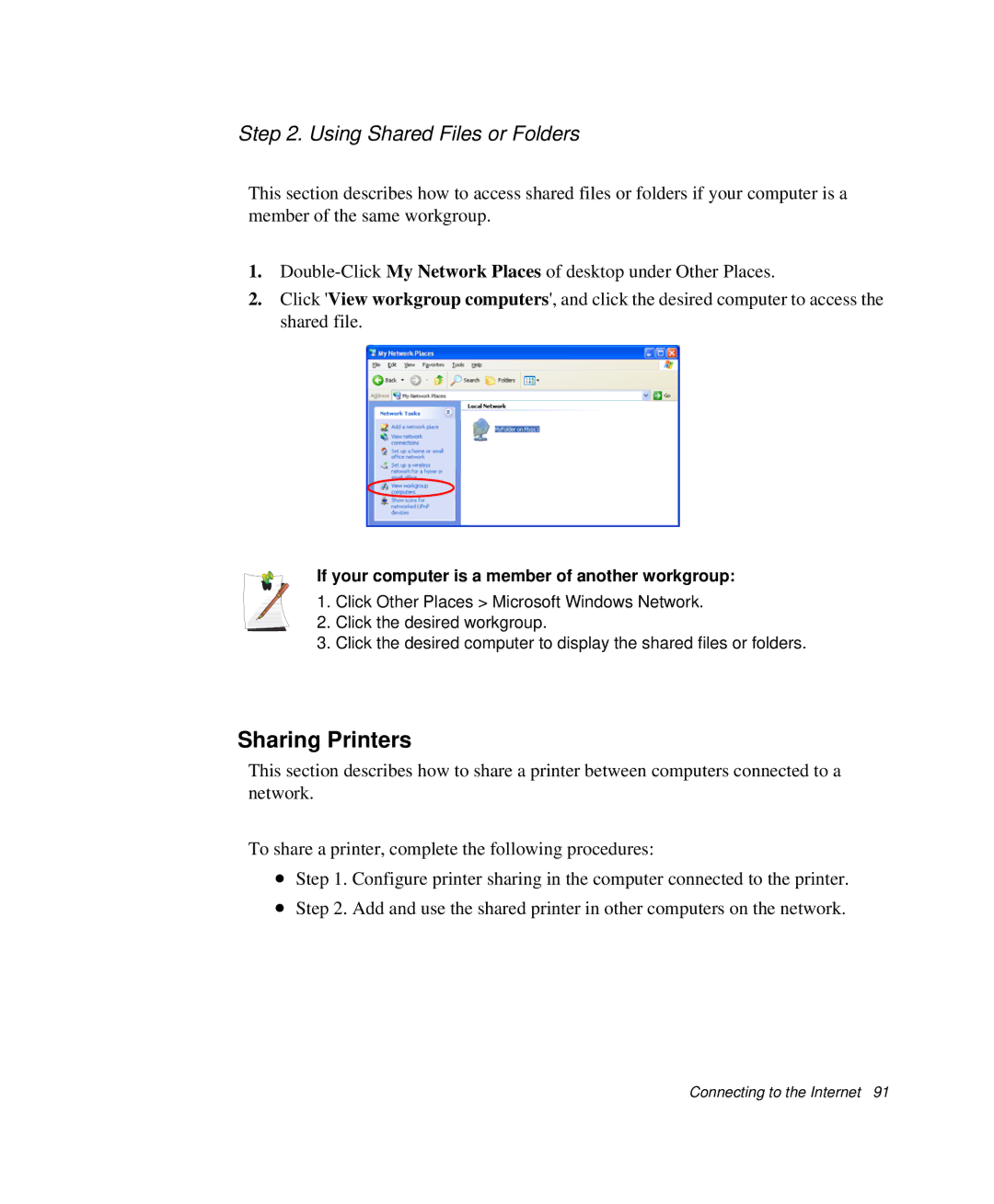 Samsung NP-X20TV07/SES Sharing Printers, Using Shared Files or Folders, If your computer is a member of another workgroup 