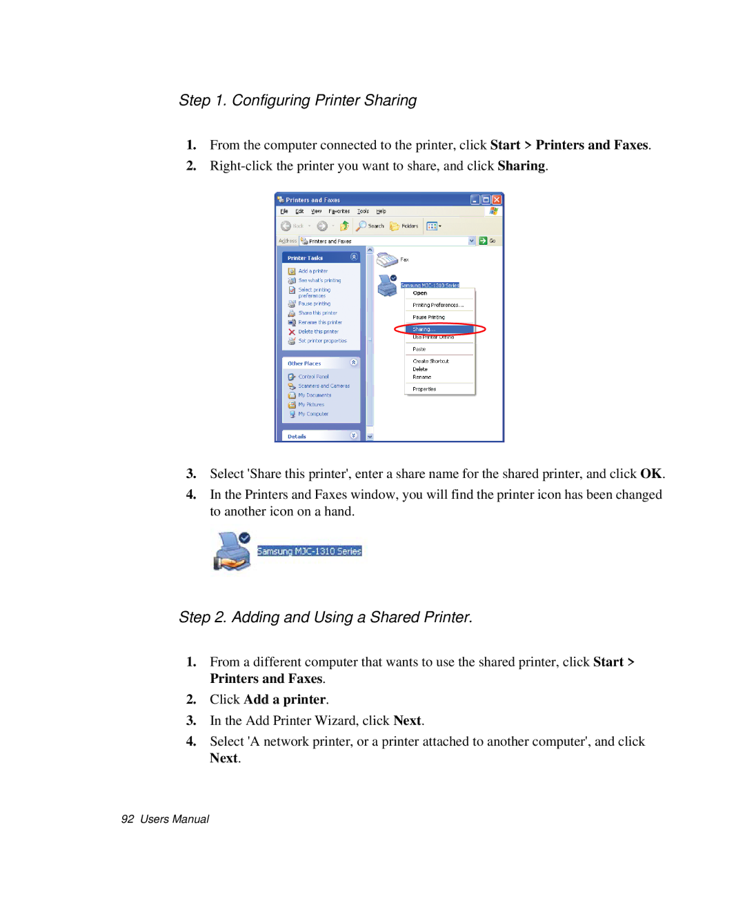 Samsung NP-X20TV02/SES, NP-X20TV05/SES Configuring Printer Sharing, Adding and Using a Shared Printer, Click Add a printer 