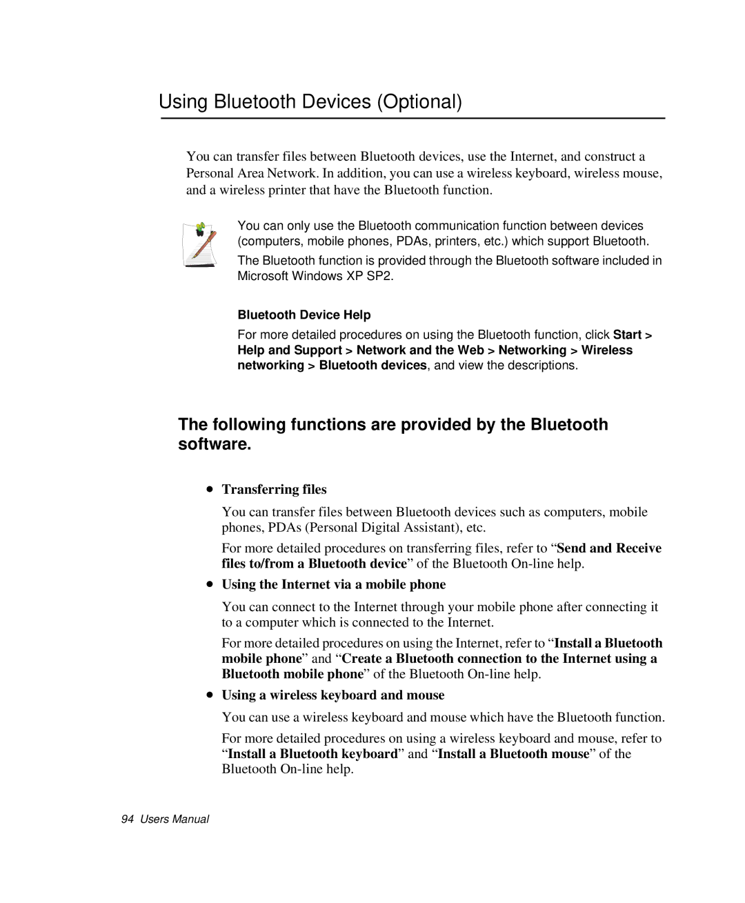 Samsung NP-X20CV09/SES manual Using Bluetooth Devices Optional, Following functions are provided by the Bluetooth software 