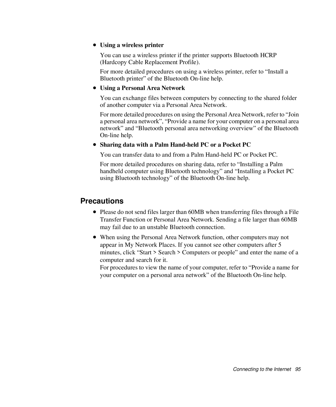 Samsung NP-X20CV01/SES, NP-X20TV05/SES, NP-X20CV07/SES Precautions, Using a wireless printer, Using a Personal Area Network 