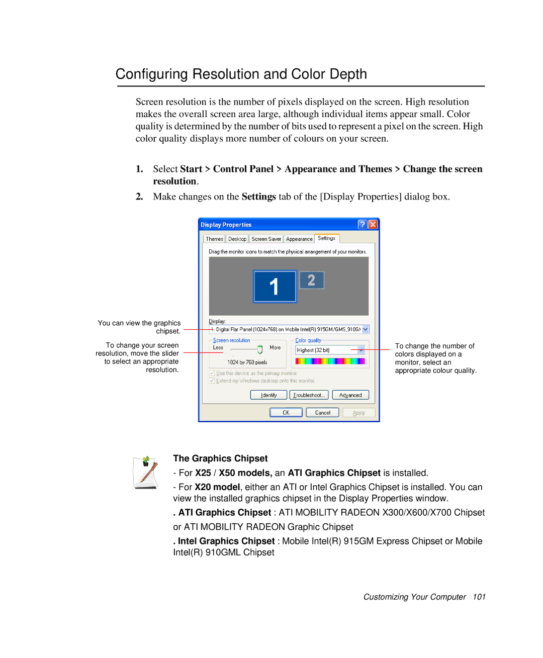 Samsung NP-X20C004/SES, NP-X20TV05/SES, NP-X20CV07/SES, NP-X20CV05/SES, NP-X20CV02/SEP Configuring Resolution and Color Depth 