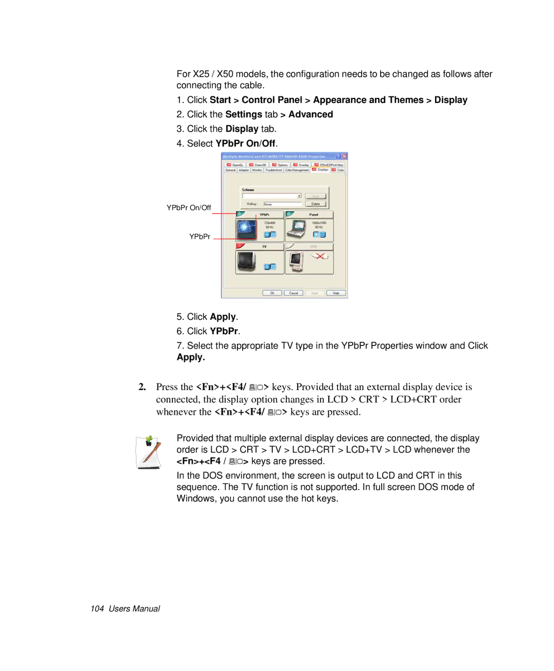 Samsung NP-R50CV07/SES, NP-X20TV05/SES, NP-X20CV07/SES, NP-X20CV05/SES, NP-X20CV02/SEP manual Select YPbPr On/Off, Apply 