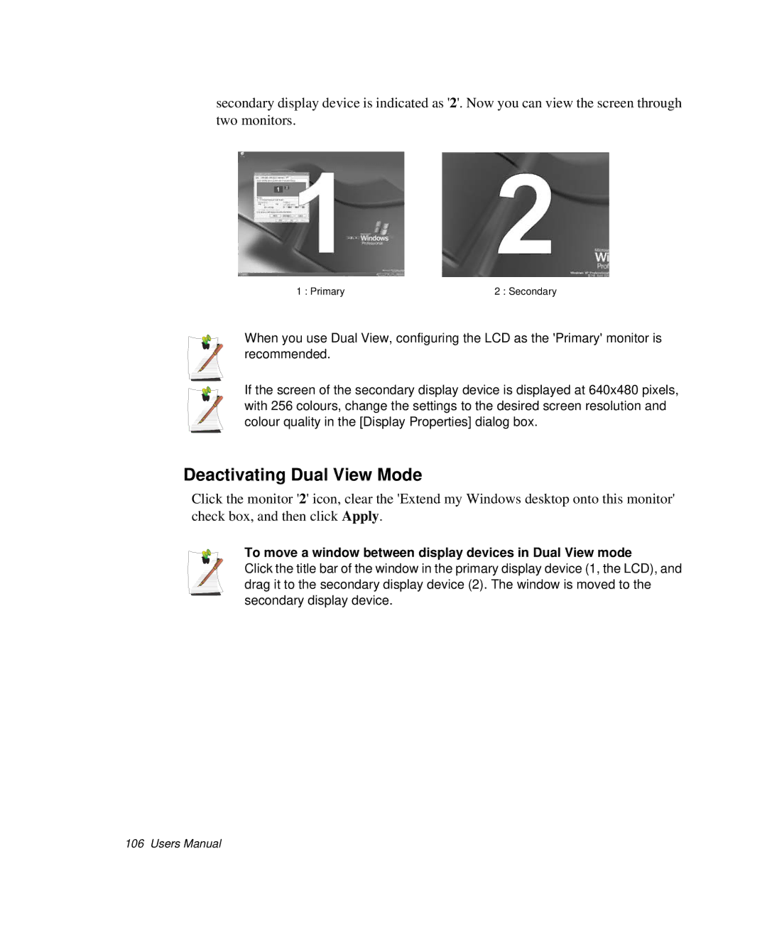 Samsung NP-X20C003/SES manual Deactivating Dual View Mode, To move a window between display devices in Dual View mode 