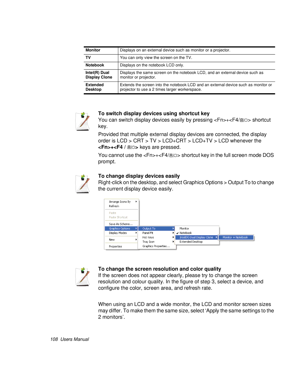 Samsung NP-X25C001/SES, NP-X20TV05/SES manual To switch display devices using shortcut key, To change display devices easily 