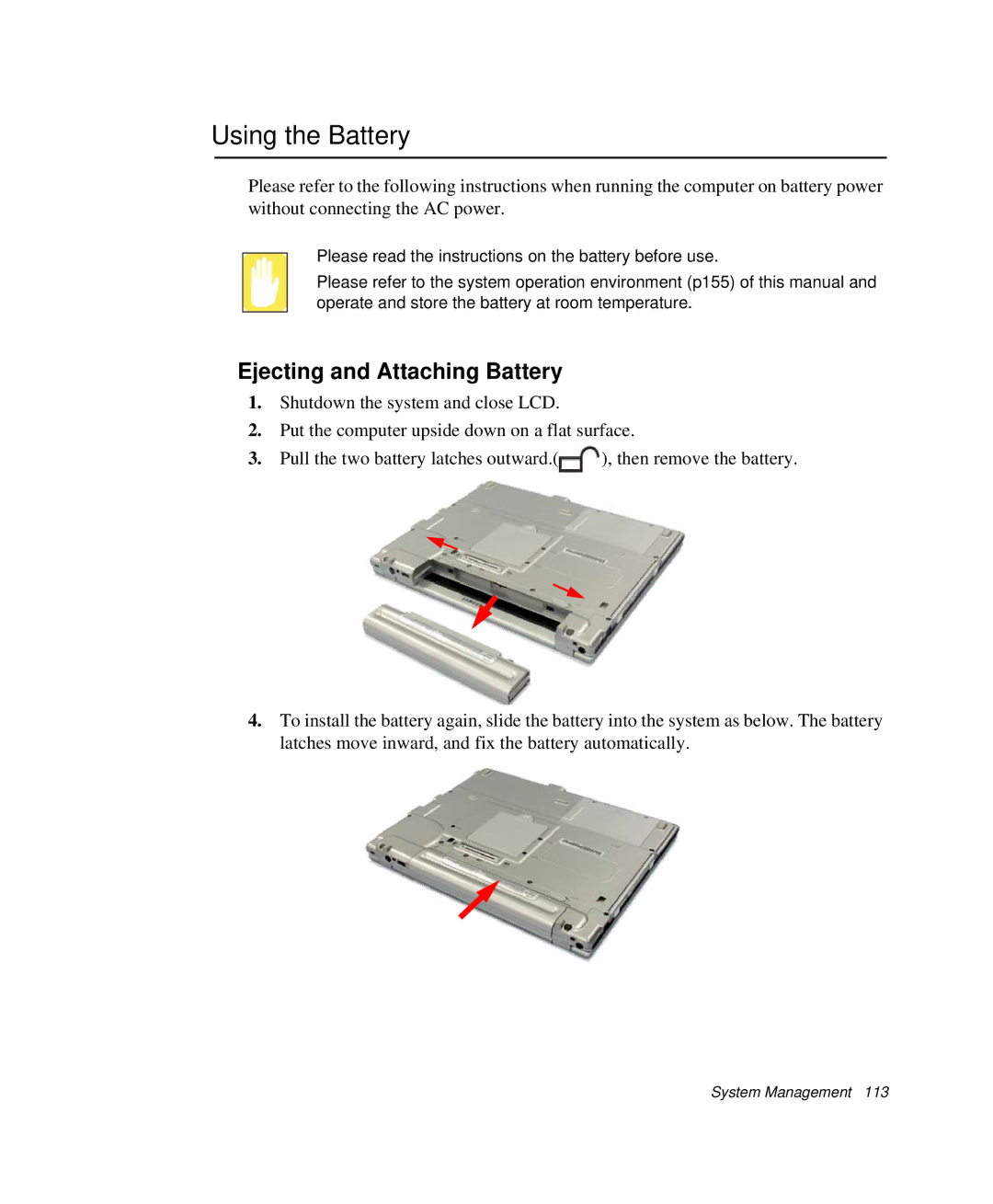 Samsung NP-R50TV01/SES, NP-X20TV05/SES, NP-X20CV07/SES, NP-X20CV05/SES Using the Battery, Ejecting and Attaching Battery 