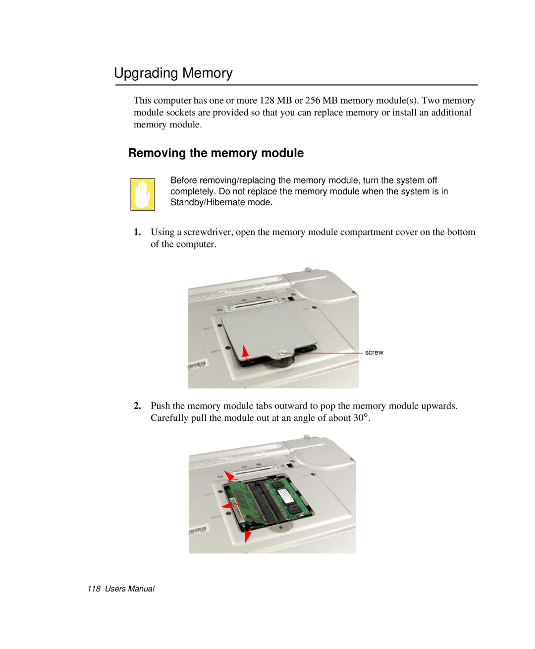 Samsung NP-X50K000/SES, NP-X20TV05/SES, NP-X20CV07/SES, NP-X20CV05/SES manual Upgrading Memory, Removing the memory module 