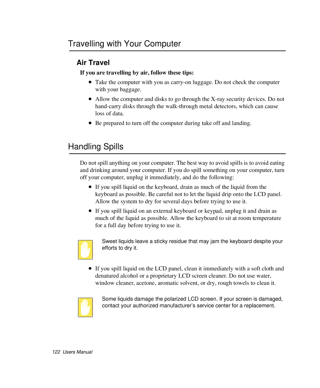 Samsung NP-X20CV06/SES, NP-X20TV05/SES, NP-X20CV07/SES manual Travelling with Your Computer, Handling Spills, Air Travel 