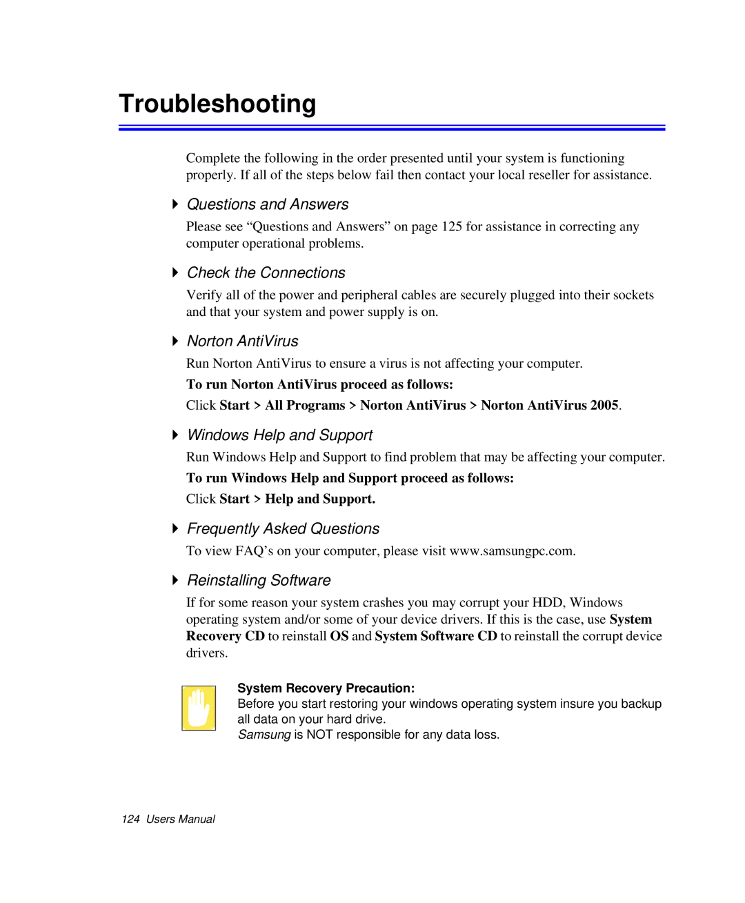 Samsung NP-X20TV04/SES manual Questions and Answers, Check the Connections, Norton AntiVirus, Windows Help and Support 