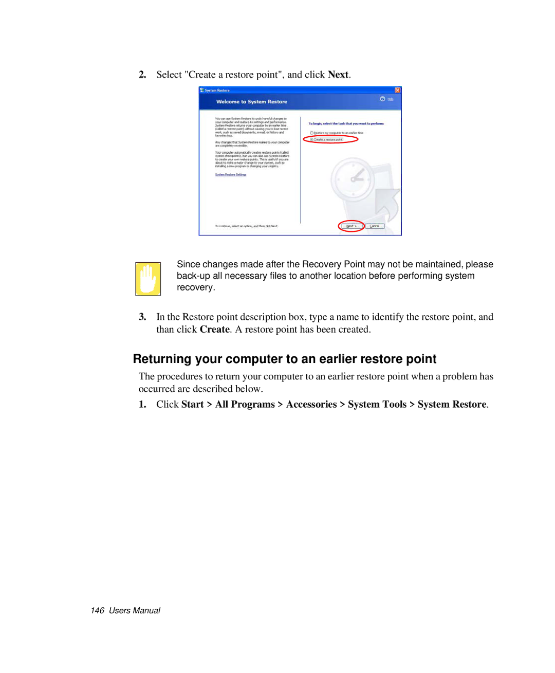 Samsung NP-X25T004/SES Returning your computer to an earlier restore point, Select Create a restore point, and click Next 