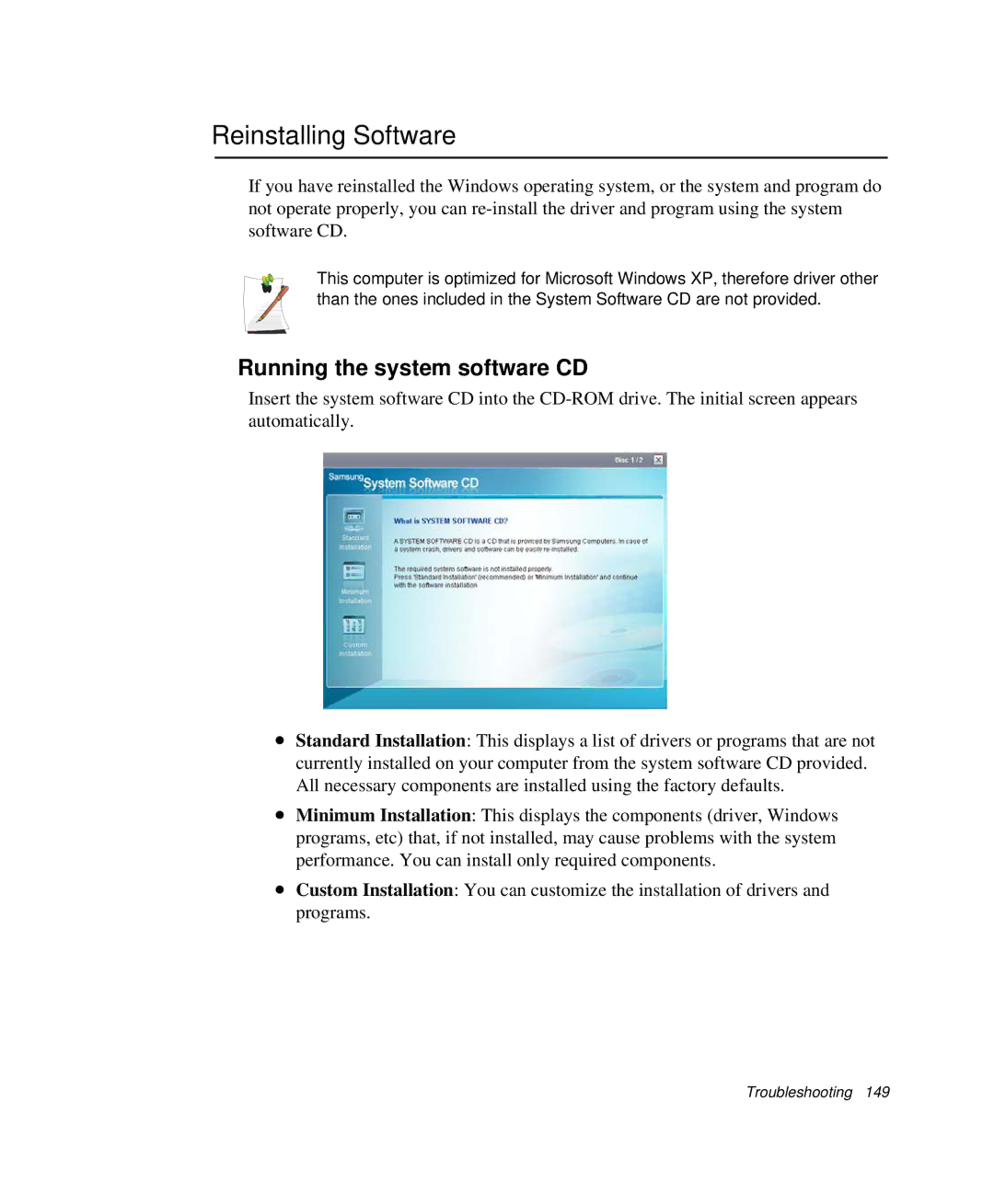 Samsung NP-X20TV07/SES, NP-X20TV05/SES, NP-X20CV07/SES, NP-X20CV05/SES Reinstalling Software, Running the system software CD 