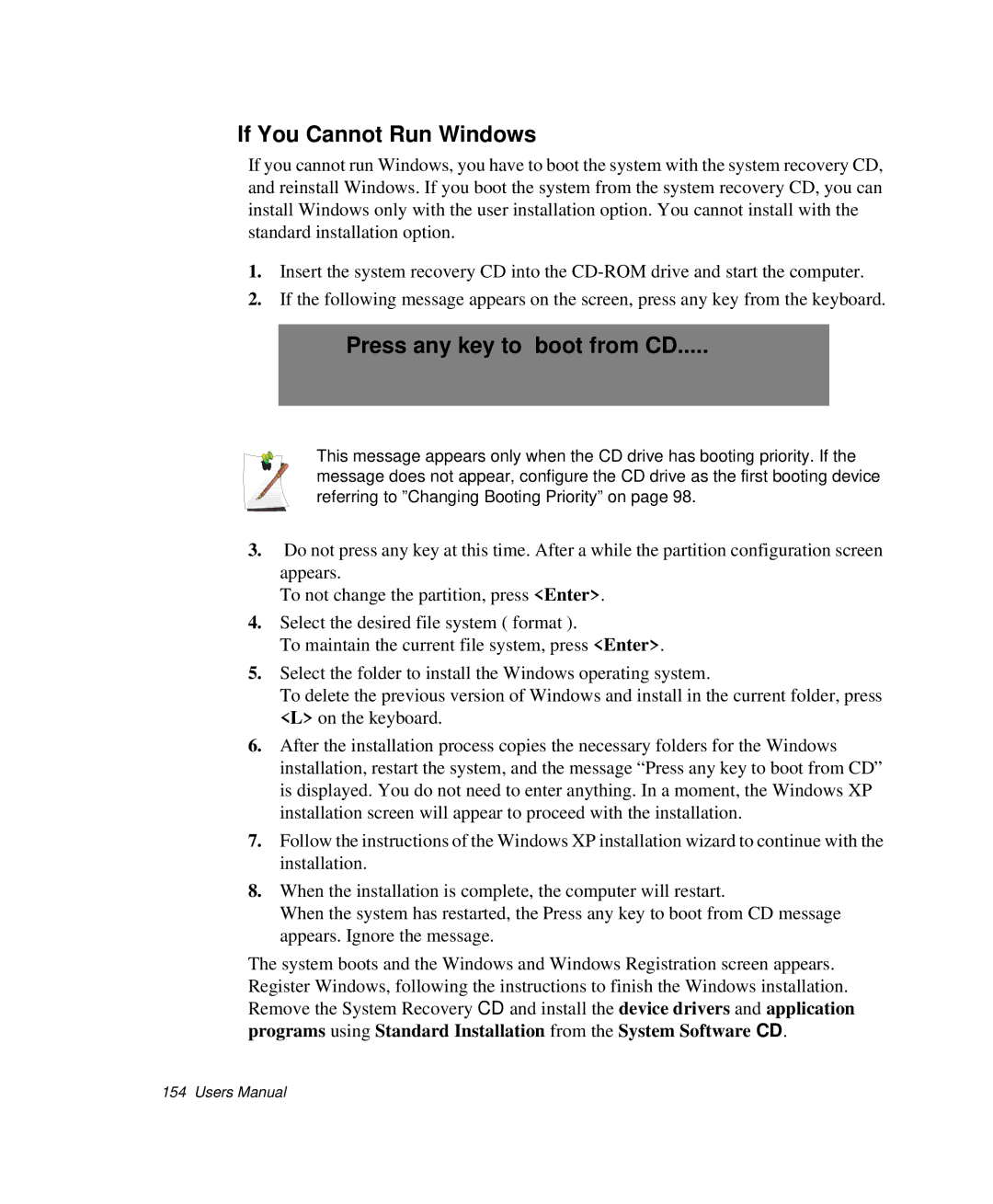 Samsung NP-X20C003/SEP, NP-X20TV05/SES, NP-X20CV07/SES manual If You Cannot Run Windows, Press any key to boot from CD 