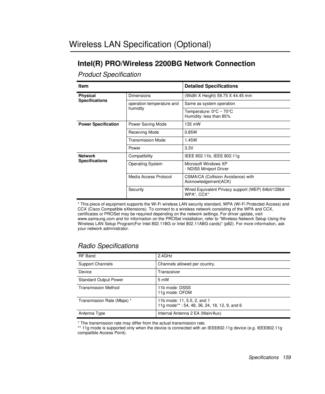 Samsung NP-X20C004/SES, NP-X20TV05/SES Wireless LAN Specification Optional, IntelR PRO/Wireless 2200BG Network Connection 