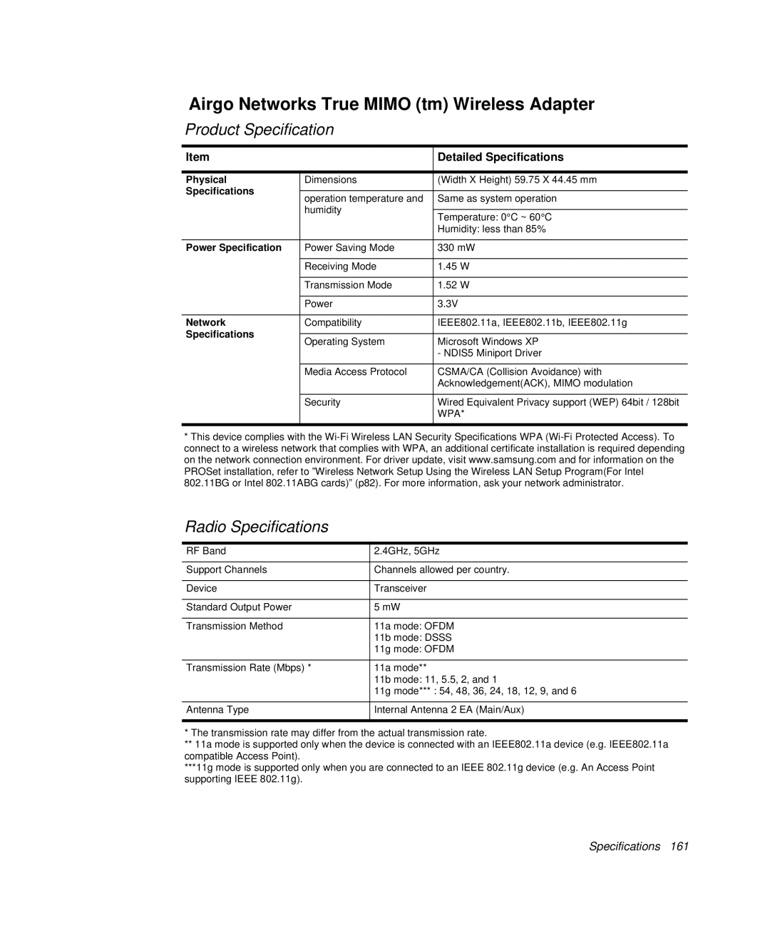 Samsung NP-R50CV09/SES, NP-X20TV05/SES, NP-X20CV07/SES, NP-X20CV05/SES manual Airgo Networks True Mimo tm Wireless Adapter 