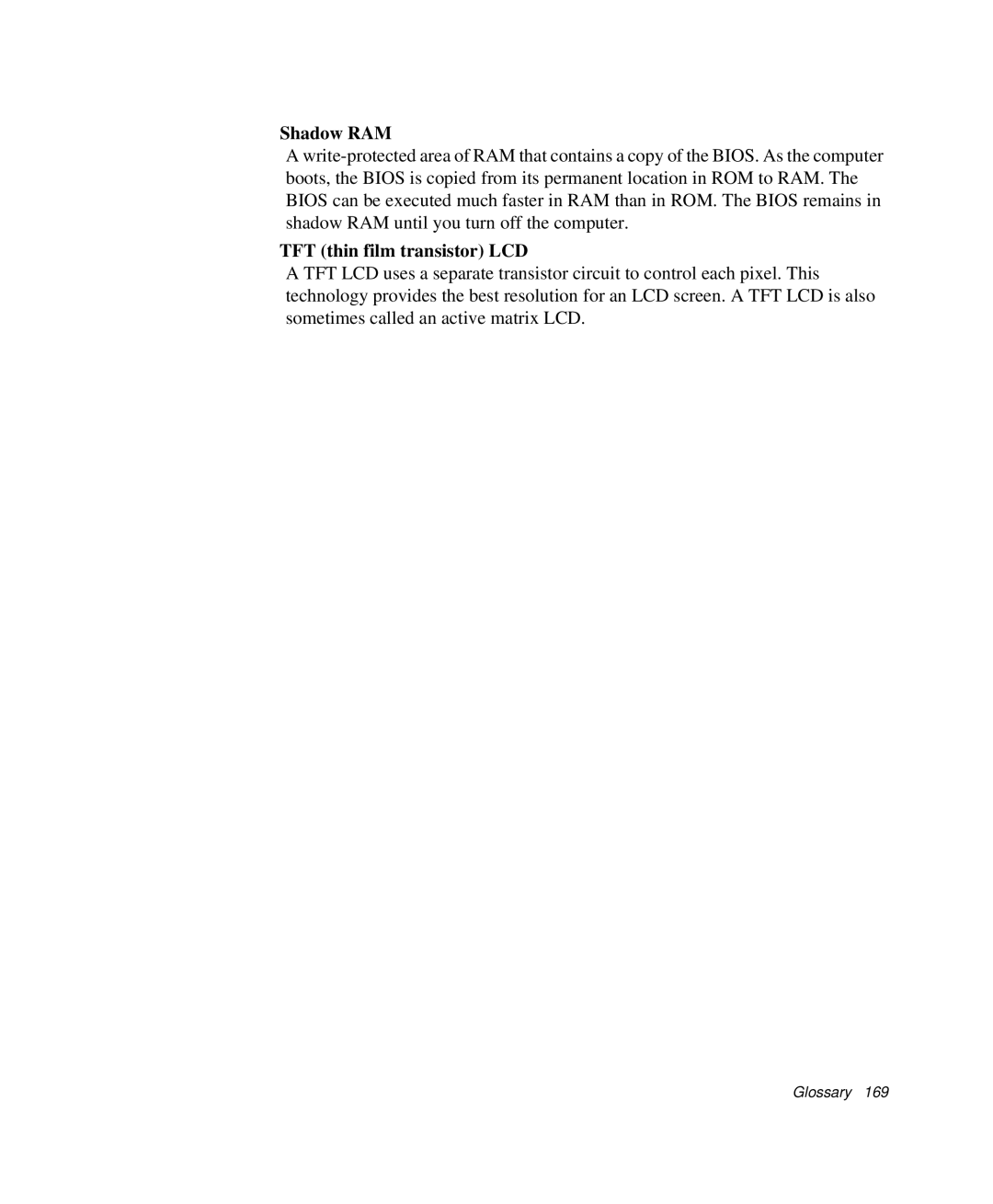 Samsung NP-X20T000/SES, NP-X20TV05/SES, NP-X20CV07/SES, NP-X20CV05/SES manual Shadow RAM, TFT thin film transistor LCD 