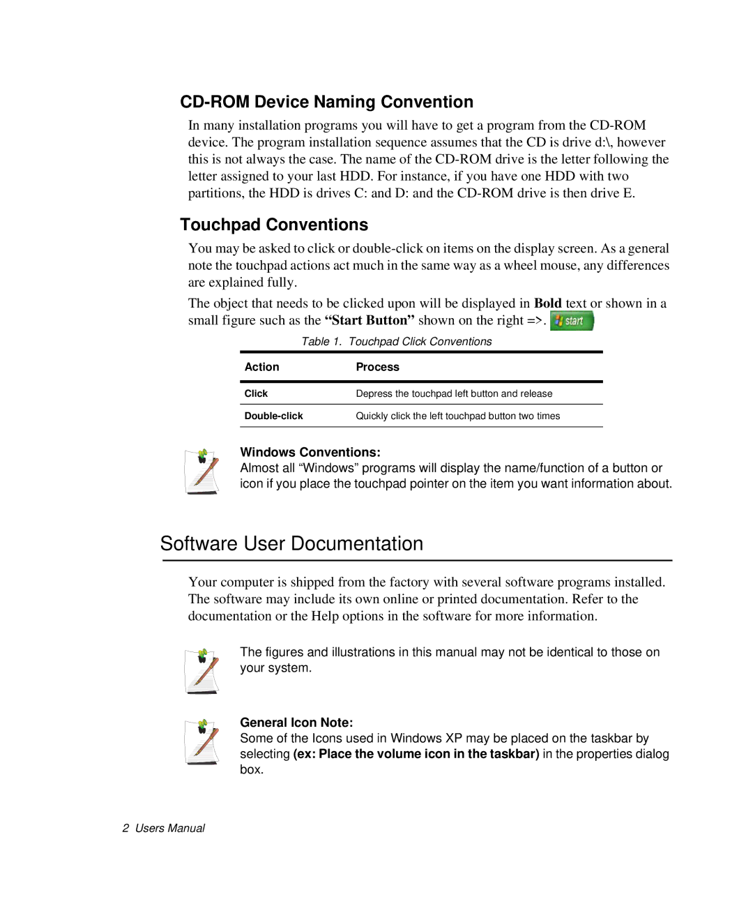 Samsung NP-X50K000/SES, NP-X20TV05/SES Software User Documentation, CD-ROM Device Naming Convention, Touchpad Conventions 