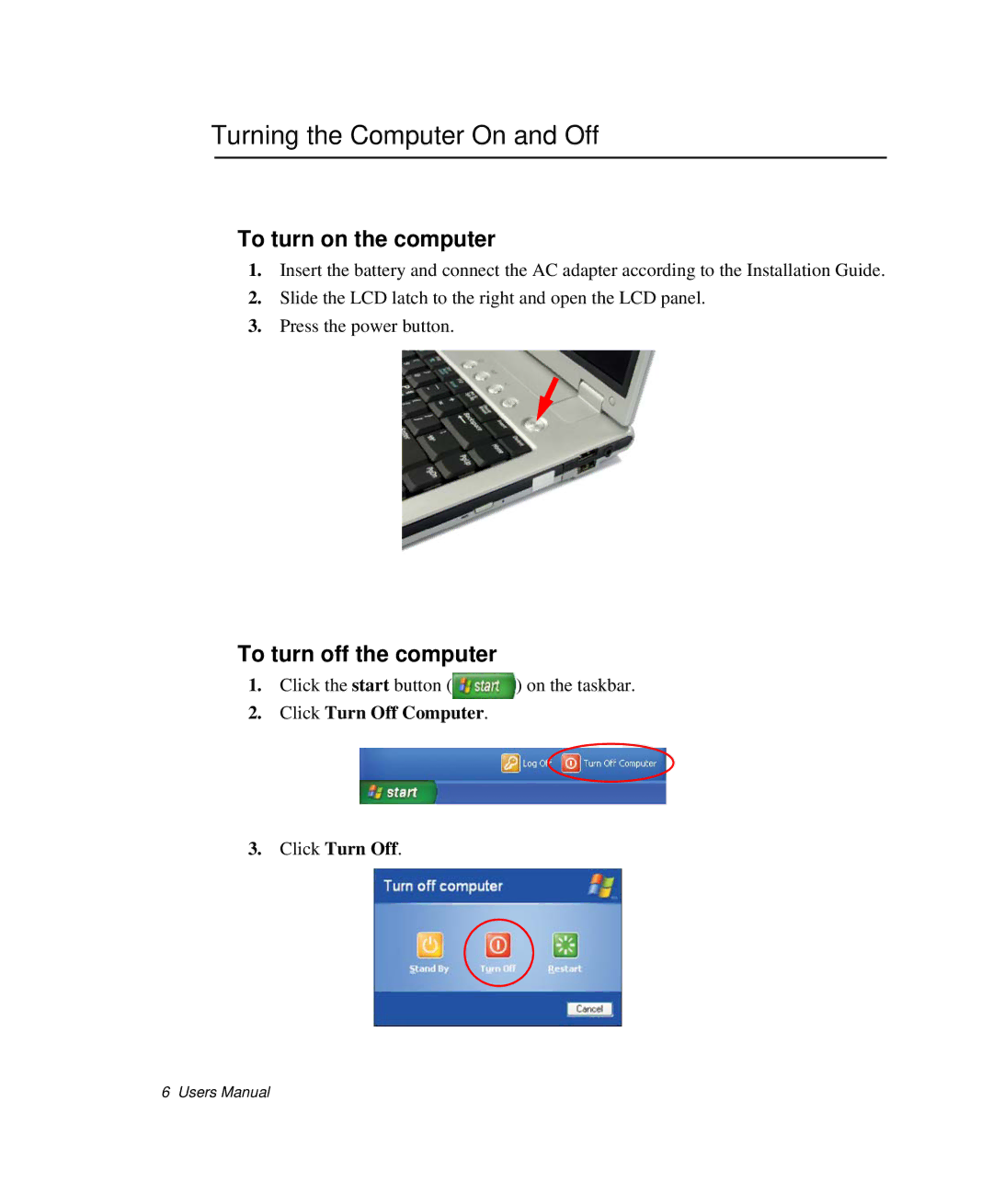 Samsung NP-X20CV06/SES, NP-X20TV05/SES Turning the Computer On and Off, To turn on the computer, To turn off the computer 