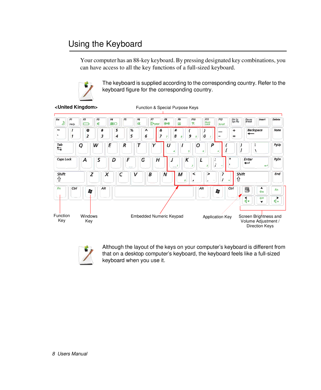 Samsung NP-X20TV04/SES, NP-X20TV05/SES, NP-X20CV07/SES, NP-X20CV05/SES, NP-X20CV02/SEP Using the Keyboard, United Kingdom 