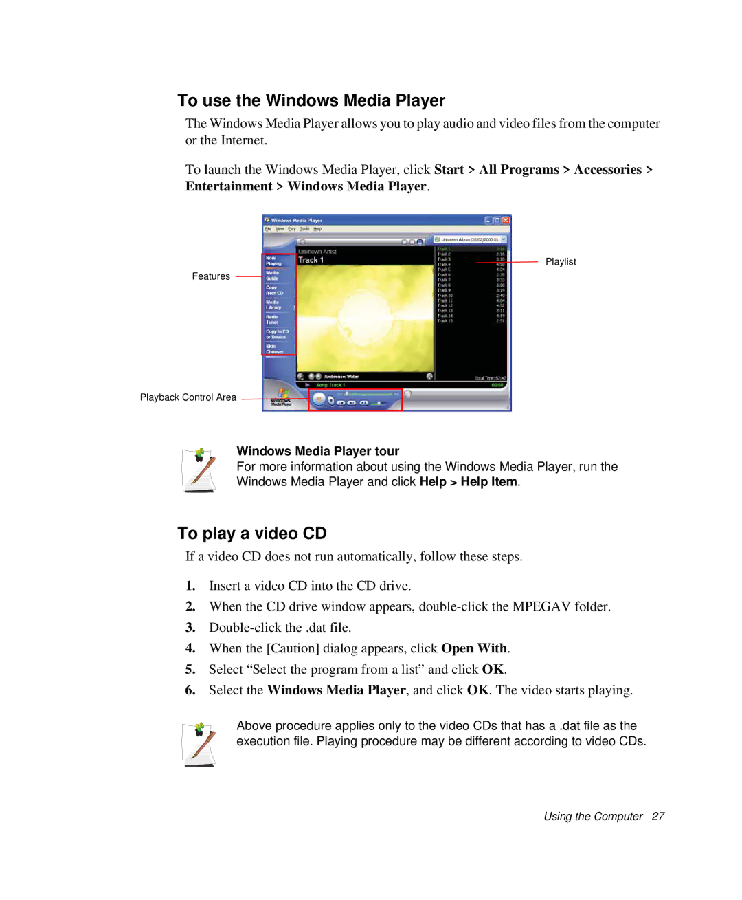 Samsung NP-X20T006/SES, NP-X20TV05/SES manual To use the Windows Media Player, To play a video CD, Windows Media Player tour 