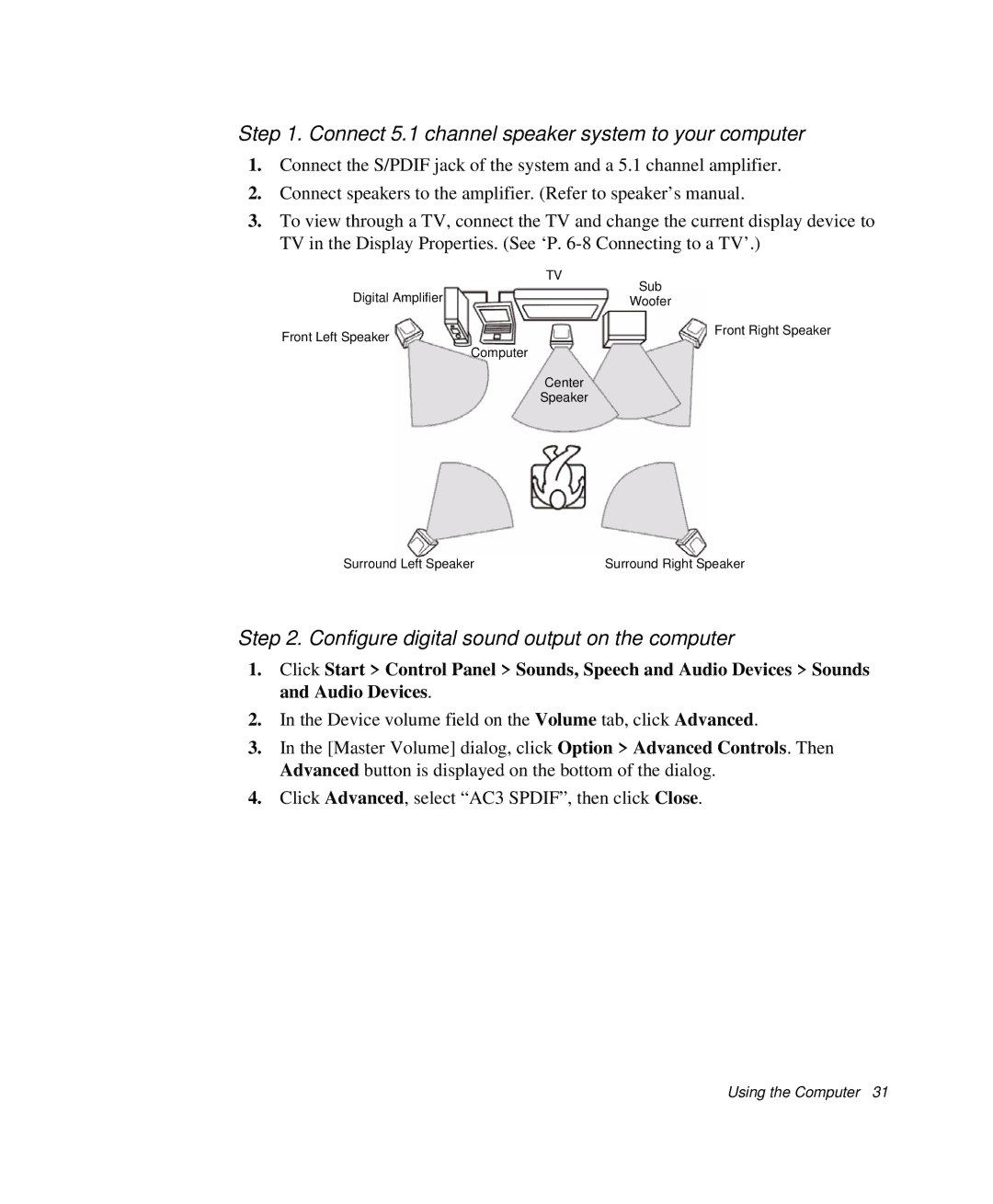 Samsung NP-R50CV05/SES Connect 5.1 channel speaker system to your computer, Configure digital sound output on the computer 