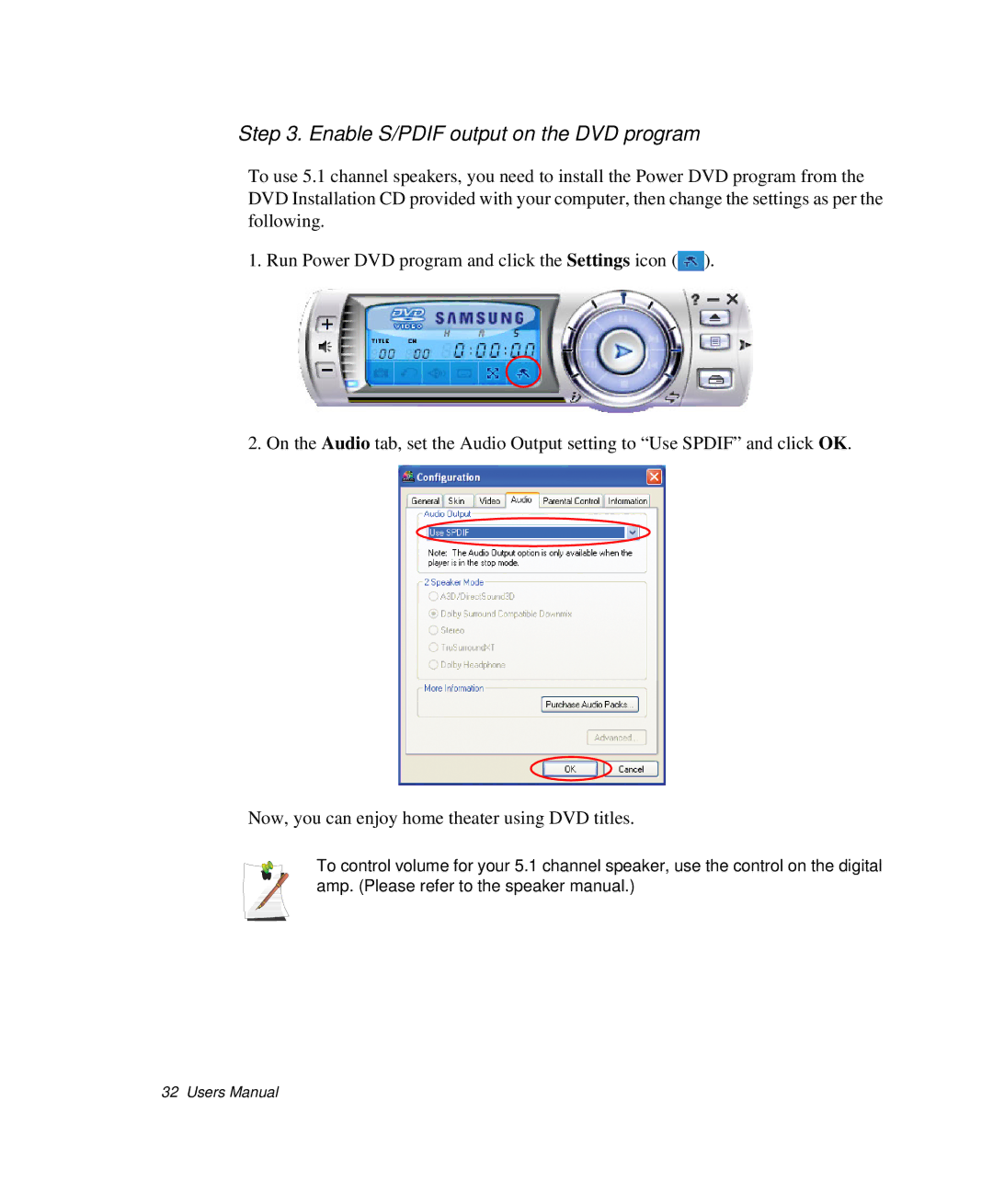 Samsung NP-R50T001/SES, NP-X20TV05/SES, NP-X20CV07/SES, NP-X20CV05/SES manual Enable S/PDIF output on the DVD program 