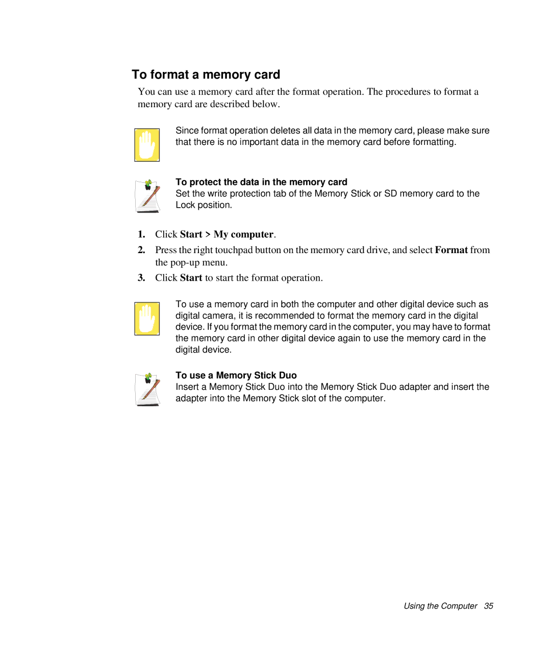 Samsung NP-X20T007/SES manual To format a memory card, To protect the data in the memory card, To use a Memory Stick Duo 