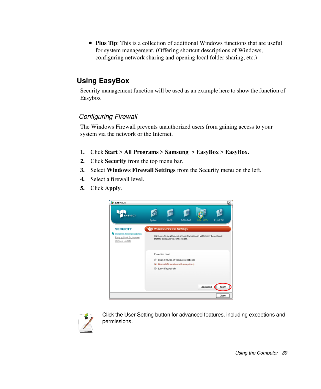 Samsung NP-X20TV05/SES manual Using EasyBox, Configuring Firewall, Click Start All Programs Samsung EasyBox EasyBox 