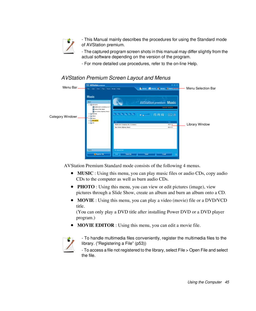 Samsung NP-R50CV09/SES, NP-X20TV05/SES, NP-X20CV07/SES, NP-X20CV05/SES manual AVStation Premium Screen Layout and Menus 