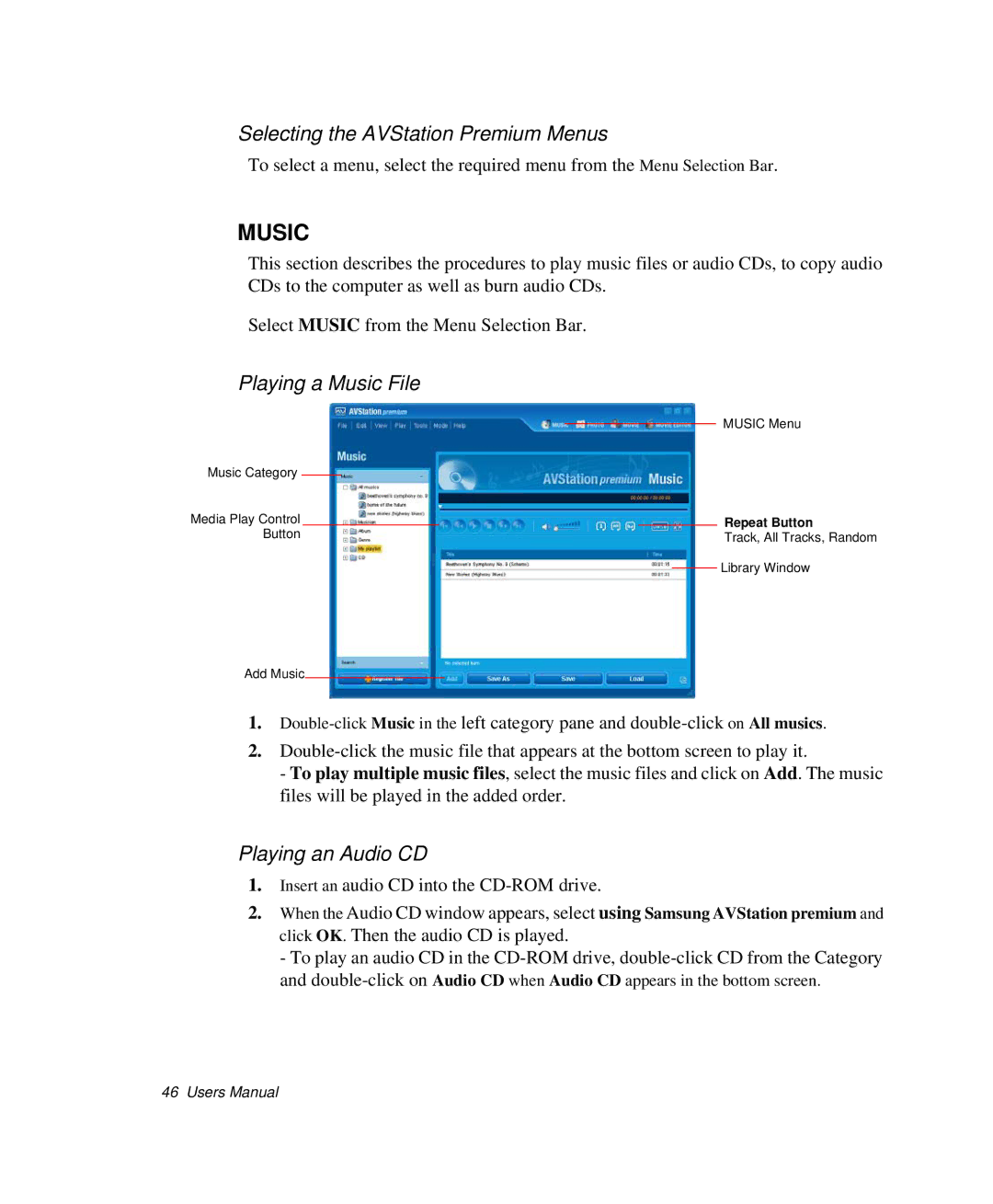 Samsung NP-R50CV07/SES, NP-X20TV05/SES Selecting the AVStation Premium Menus, Playing a Music File, Playing an Audio CD 