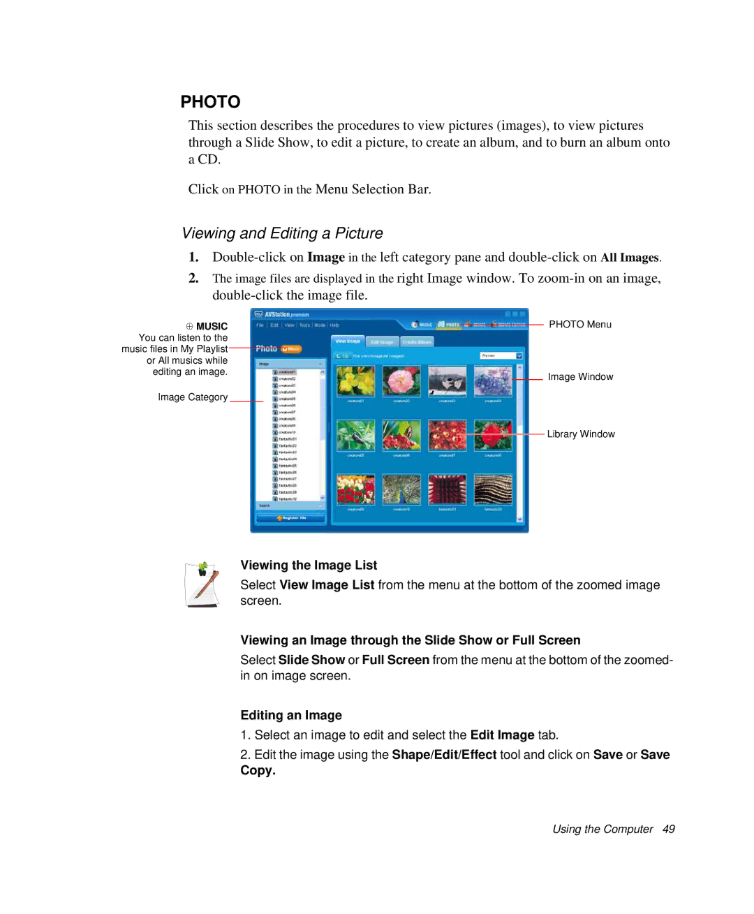 Samsung NP-X50T000/SES, NP-X20TV05/SES manual Viewing and Editing a Picture, Viewing the Image List, Editing an Image, Copy 