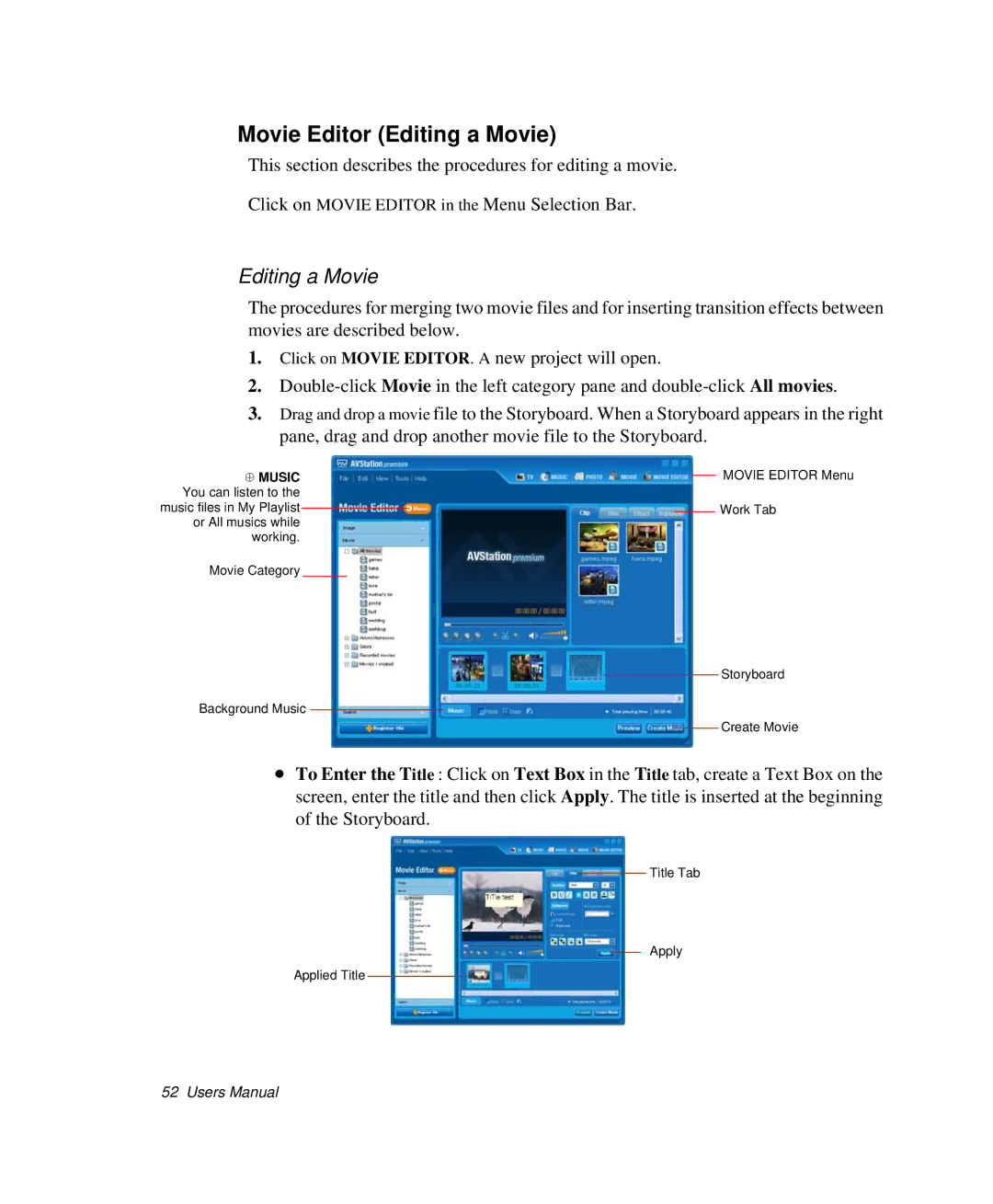 Samsung NP-X20TE01/SES, NP-X20TV05/SES, NP-X20CV07/SES, NP-X20CV05/SES, NP-X20CV02/SEP manual Movie Editor Editing a Movie 