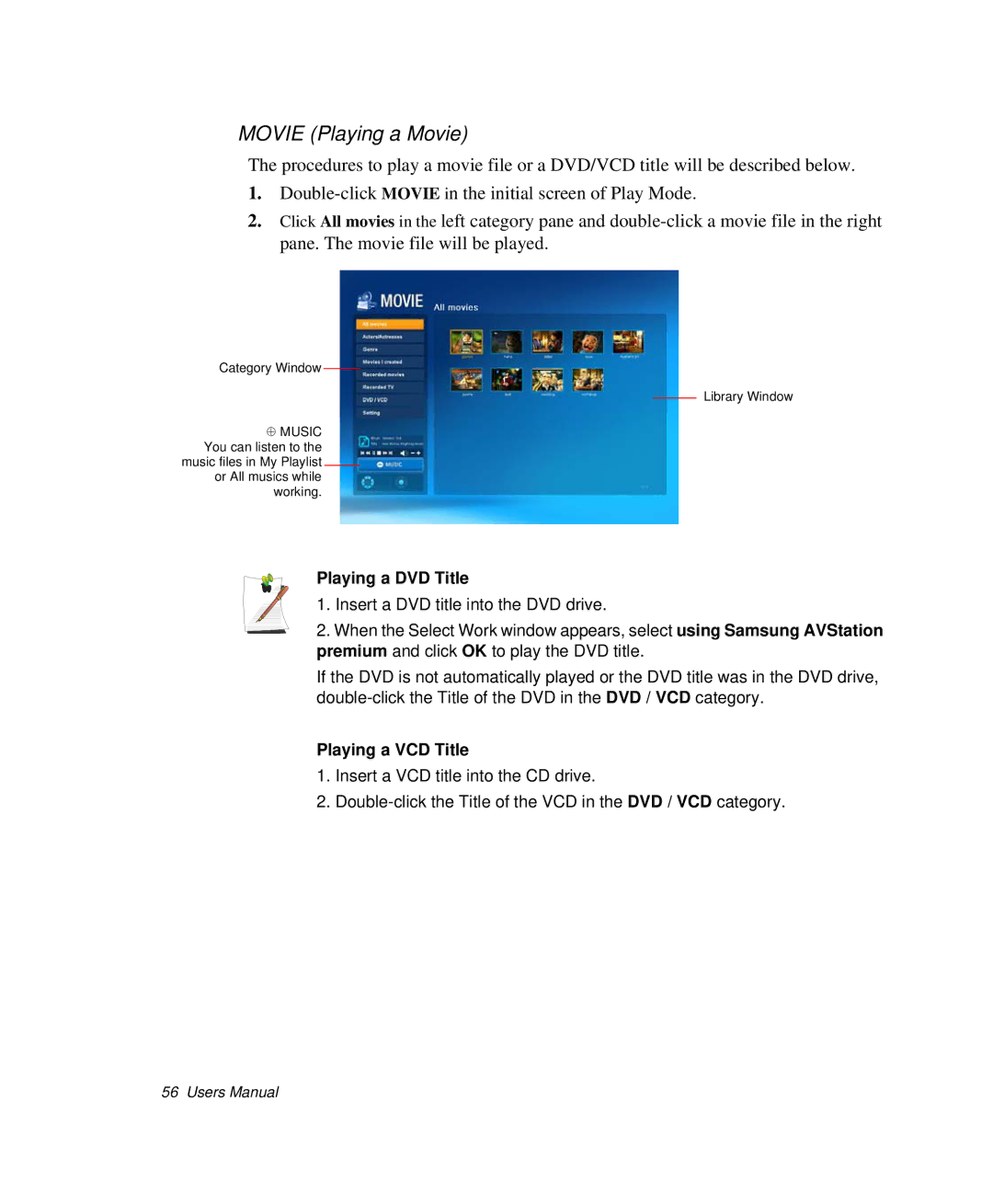 Samsung NP-R50T000/SES, NP-X20TV05/SES, NP-X20CV07/SES, NP-X20CV05/SES manual Movie Playing a Movie, Playing a DVD Title 