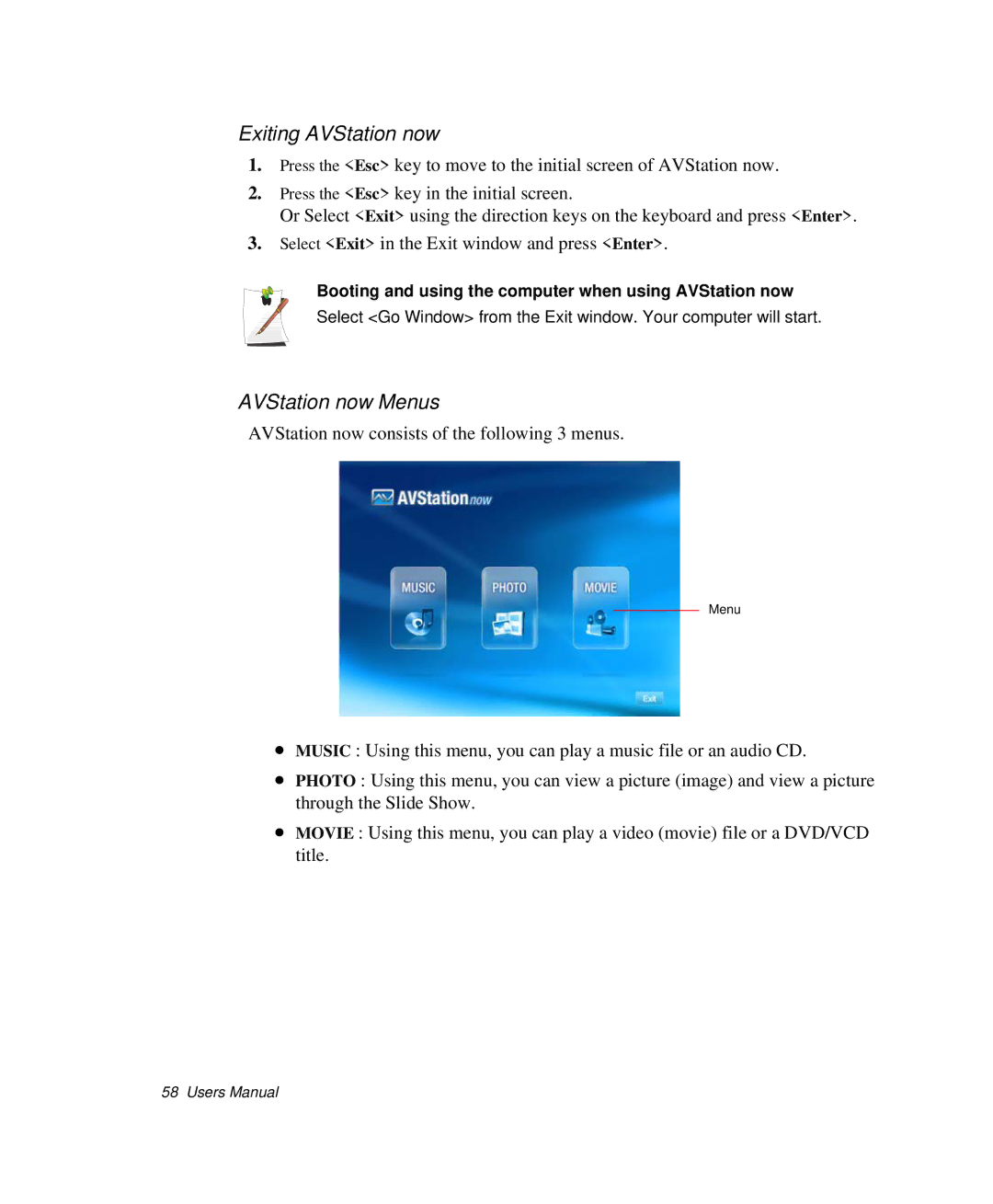 Samsung NP-R50CV0A/SES Exiting AVStation now, AVStation now Menus, Booting and using the computer when using AVStation now 