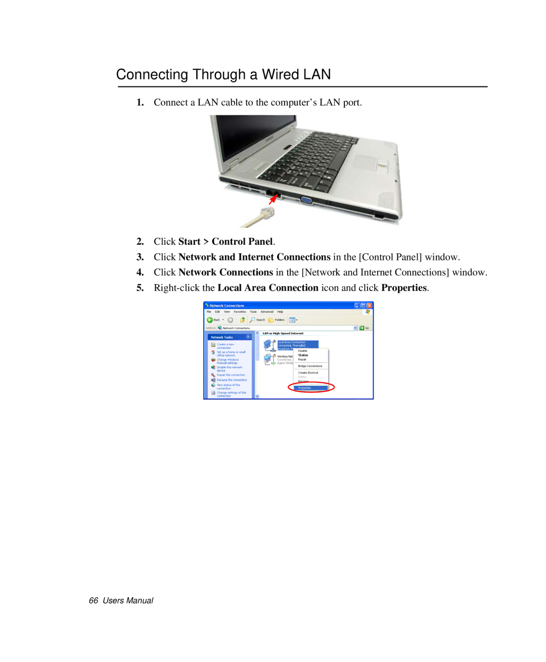 Samsung NP-X20TV04/SES, NP-X20TV05/SES, NP-X20CV07/SES manual Connecting Through a Wired LAN, Click Start Control Panel 