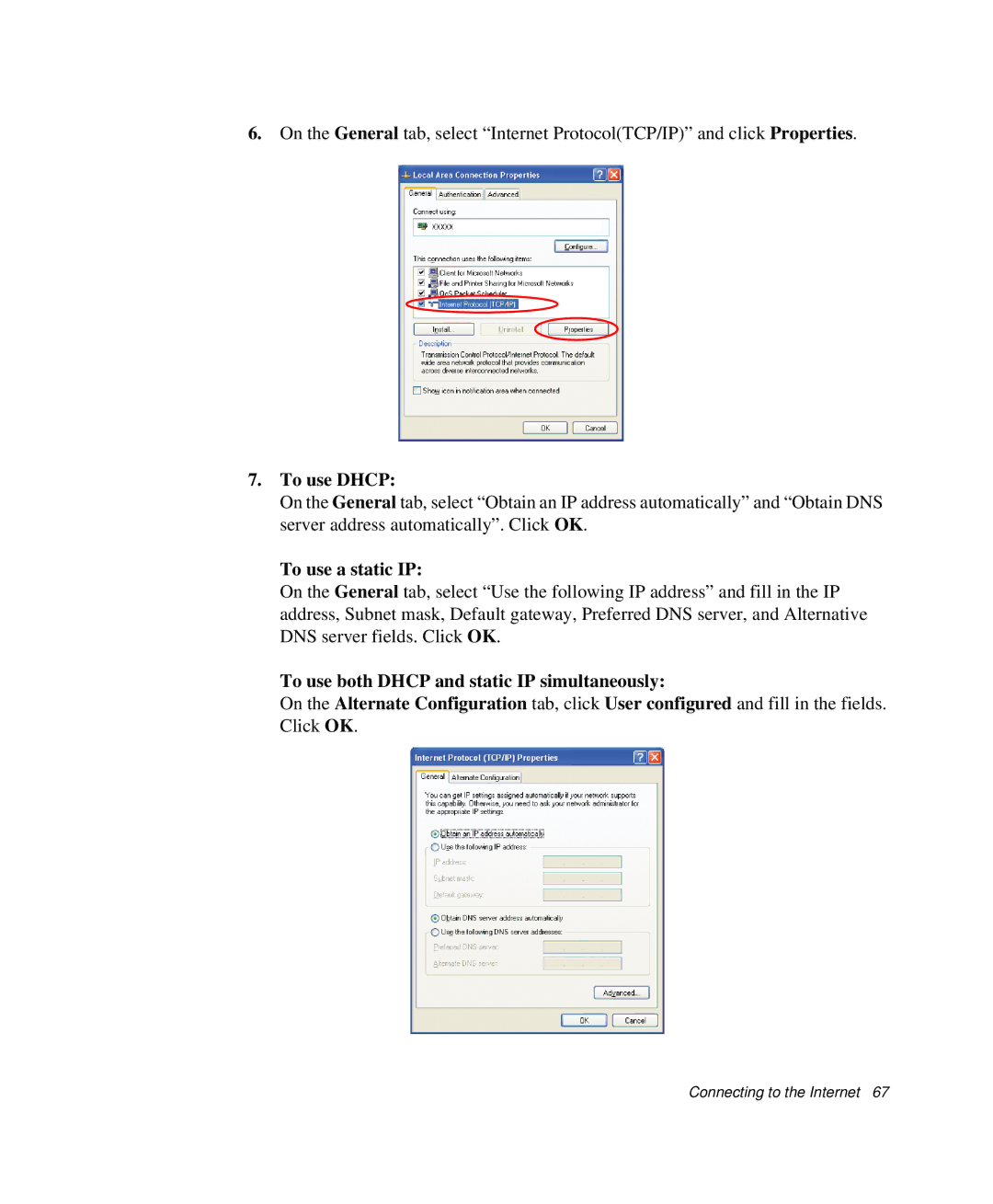 Samsung NP-X20T005/SES, NP-X20TV05/SES manual To use Dhcp, To use a static IP, To use both Dhcp and static IP simultaneously 