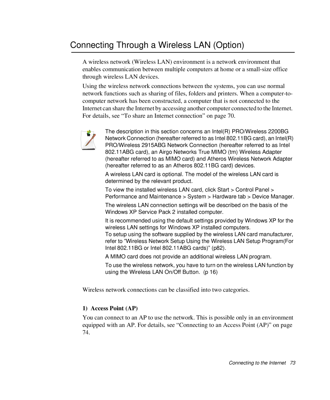 Samsung NP-X20C005/SES, NP-X20TV05/SES, NP-X20CV07/SES manual Connecting Through a Wireless LAN Option, Access Point AP 