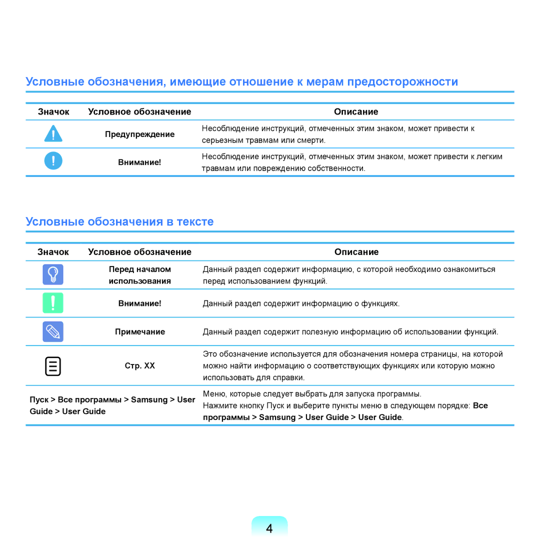 Samsung NP-X22A004/SER, NP-X22A001/SER, NP-X22A002/SER manual Условные обозначения в тексте, Значок, Описание, Перед началом 