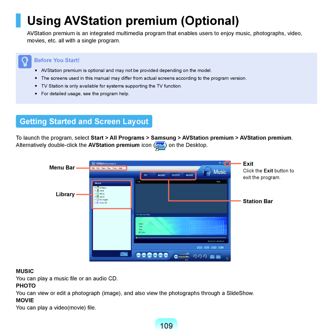 Samsung NP-X22A004/SEG manual Using AVStation premium Optional, Getting Started and Screen Layout, 109, Station Bar 