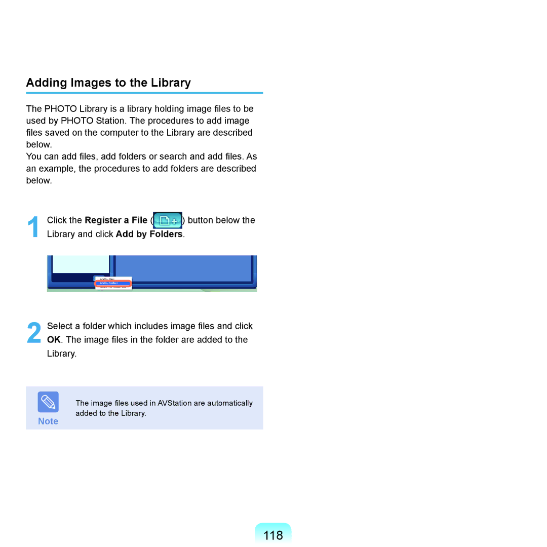 Samsung NP-X22A003/SEF, NP-X22A003/SEG, NP-X22T001/SEG, NP-X22A004/SEG, NP-X22A002/SEG manual 118, Adding Images to the Library 