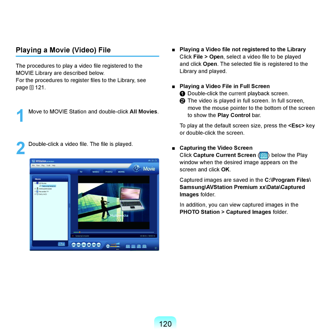 Samsung NP-X22A000/SEF, NP-X22A003/SEG, NP-X22T001/SEG manual 120, Playing a Movie Video File, Capturing the Video Screen 