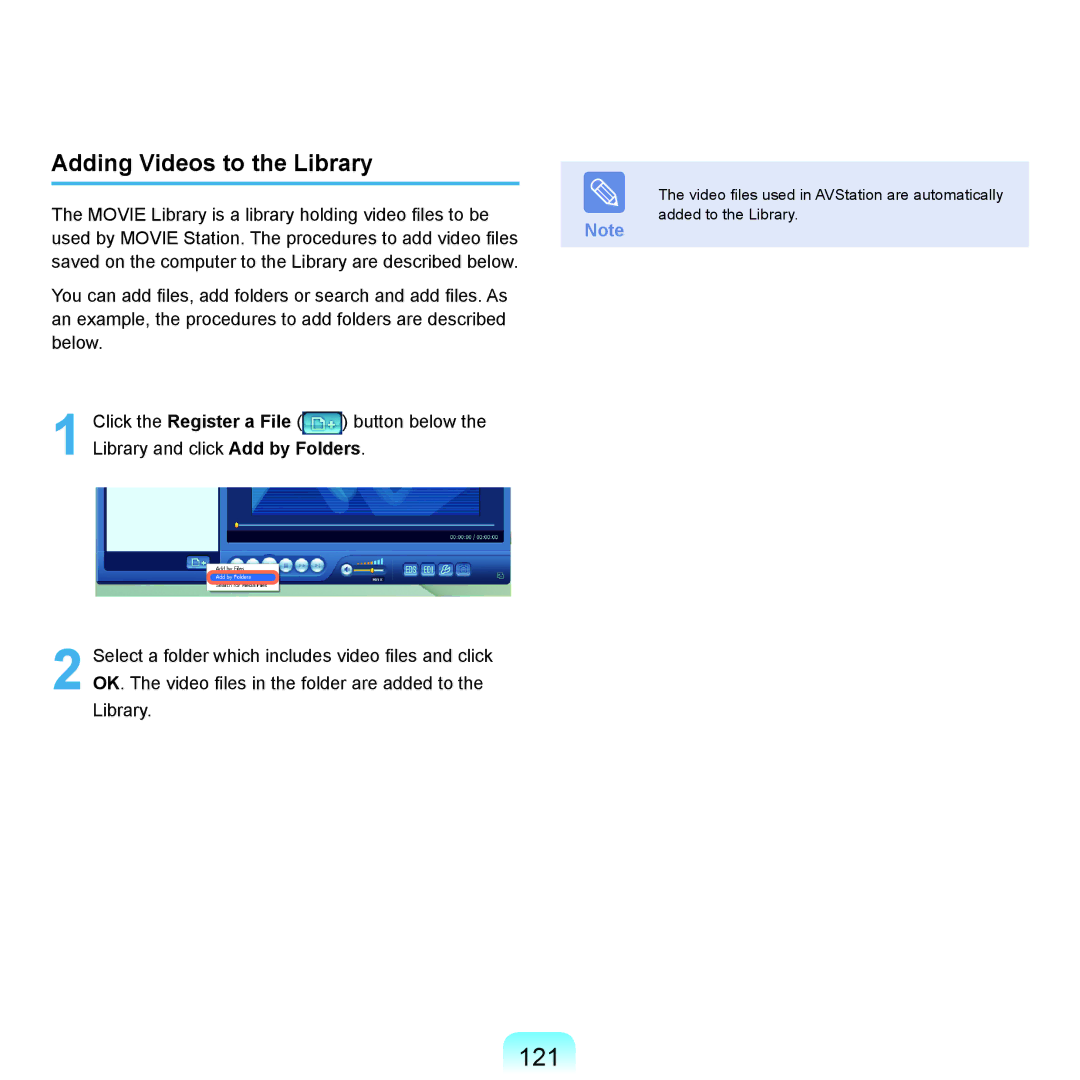 Samsung NP-X22A006/SEF, NP-X22A003/SEG, NP-X22T001/SEG, NP-X22A004/SEG, NP-X22A002/SEG manual 121, Adding Videos to the Library 