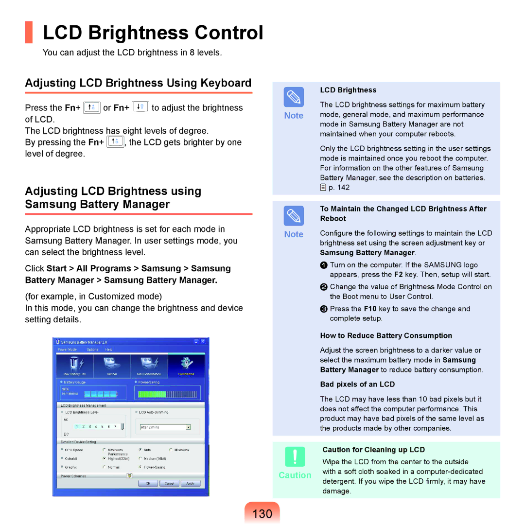Samsung NP-X22T001/SEI, NP-X22A003/SEG, NP-X22T001/SEG LCD Brightness Control, 130, Adjusting LCD Brightness Using Keyboard 